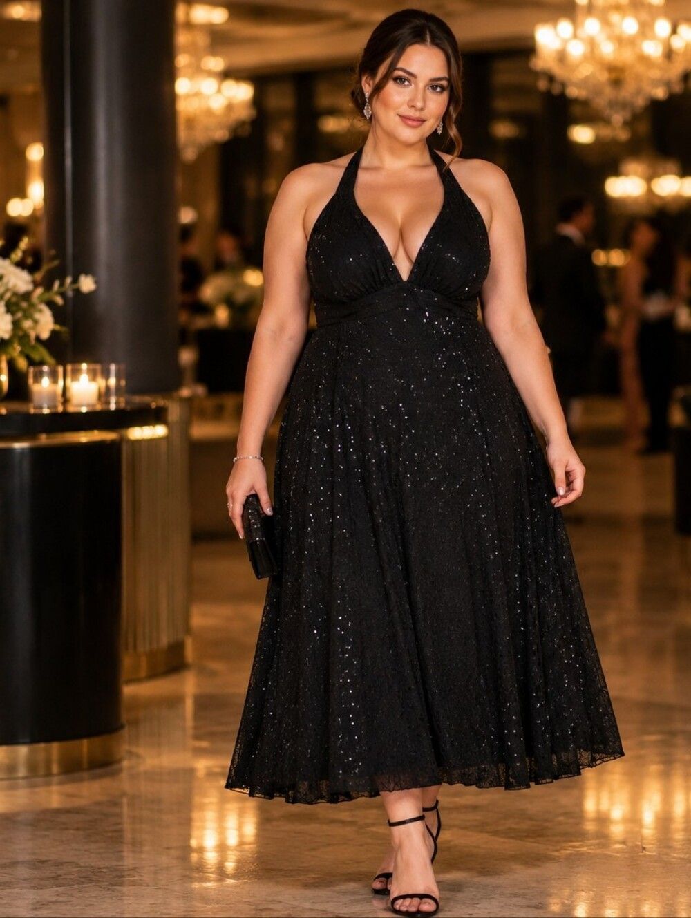 Forever 3X Plus Black Sequin Halter Dress Sparkle Fit Flare Cocktail Party